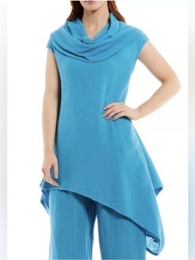 Bryn Walker Tenerife Blue Noa Tunic Cotton Gauze Asymmetrical Lagenlook Medium